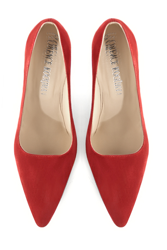 Scarlet red women's dress pumps,with a square neckline. Tapered toe. Very high spool heels. Top view - Florence KOOIJMAN